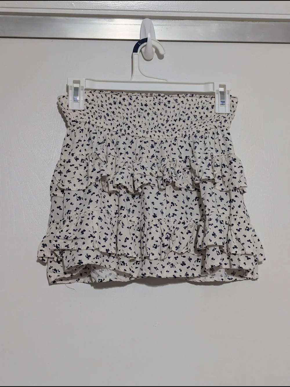 Tiered Ruffle Mini Skort in White with Navy Floral Print